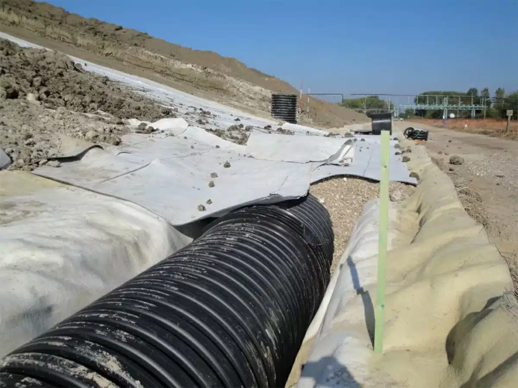 Geocompuesto drenante instalado en muro de contención para drenaje eficiente