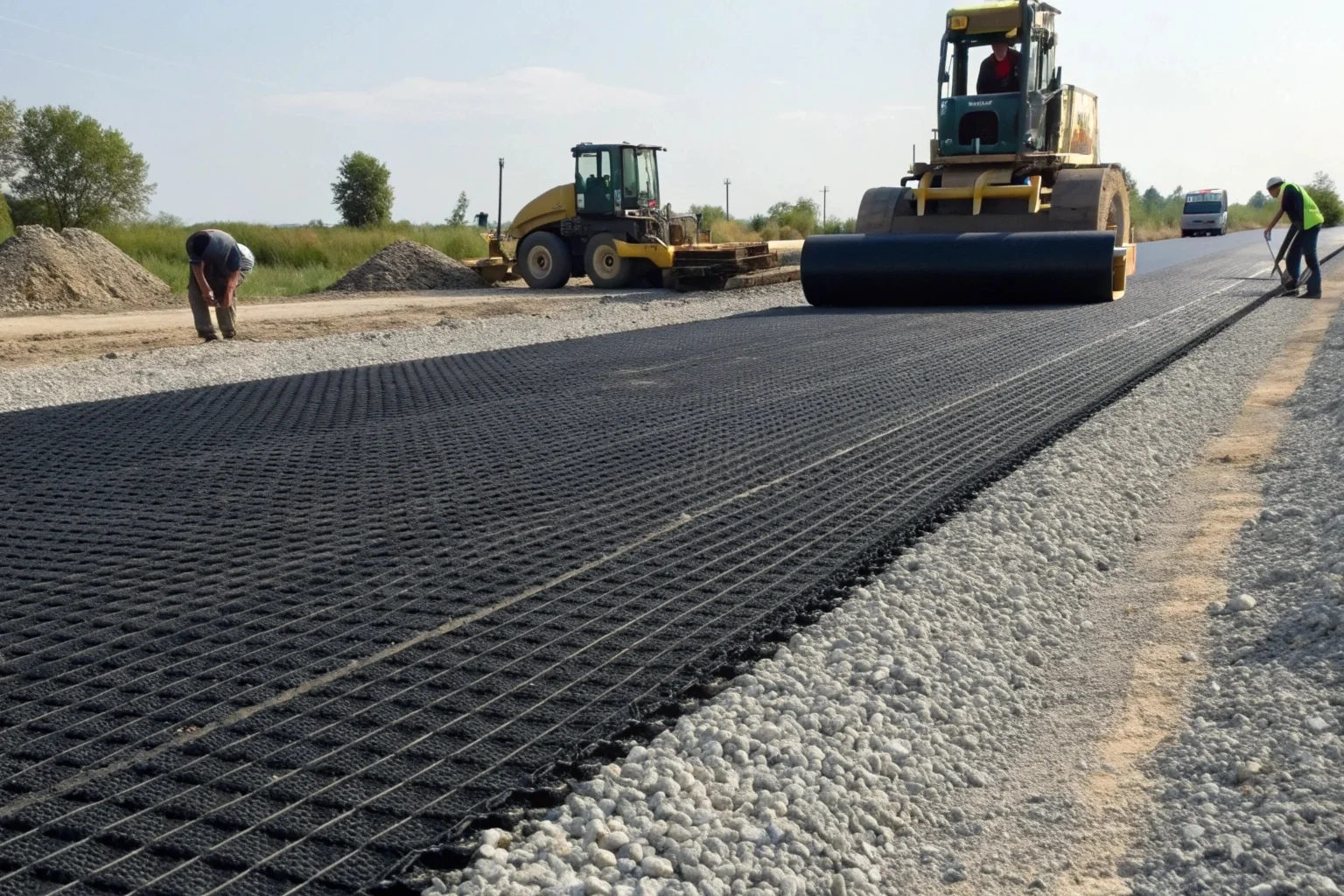 Estabilización de suelos en obras viales: Sección transversal de una carretera con geotextiles y geomallas bajo capas de agregados, mostrando el uso de materiales geosinteticos en la construccion para refuerzo y estabilización de suelos.