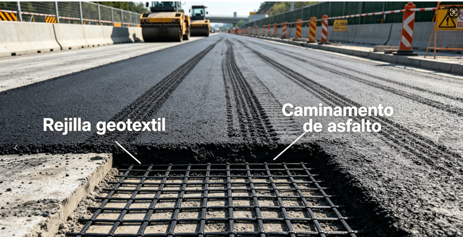 instalación de geomalla para asfalto en proyecto de pavimentación con geogrid