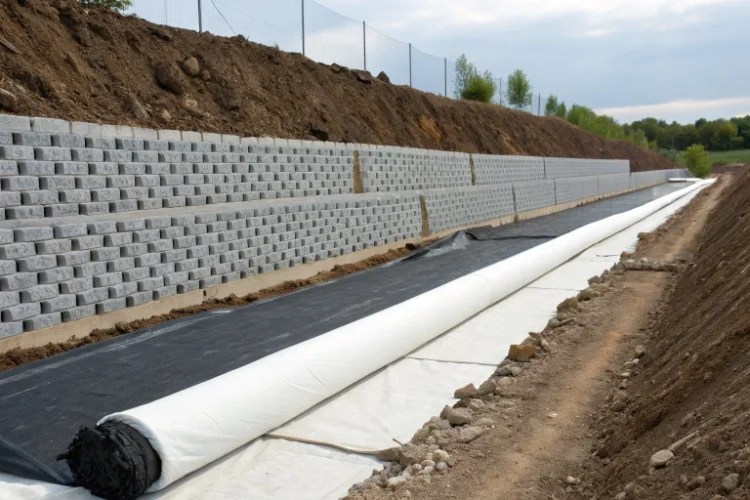 Barrera de geored instalada en muro de contención para drenaje y control de presión hidrostática
