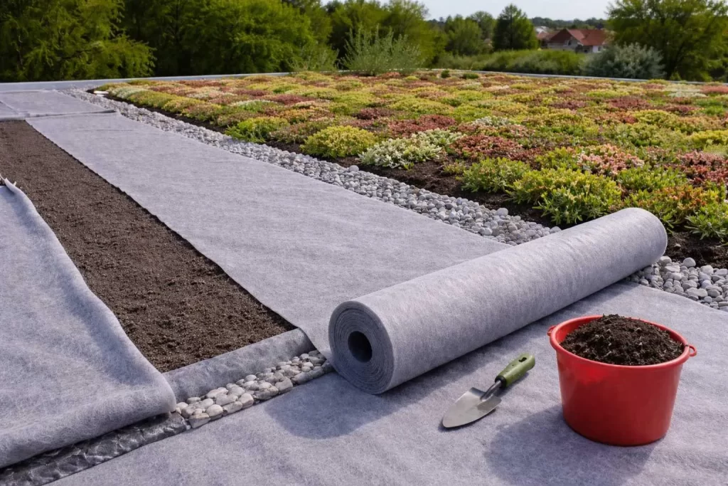 Manta geotextil para techos installed as a filtration and protective layer in a green roof drainage system
